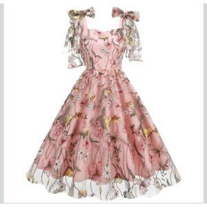 Vintage-Style Pink Floral Embroidered Dress With Bow-Tie Straps & Mesh Overlay F